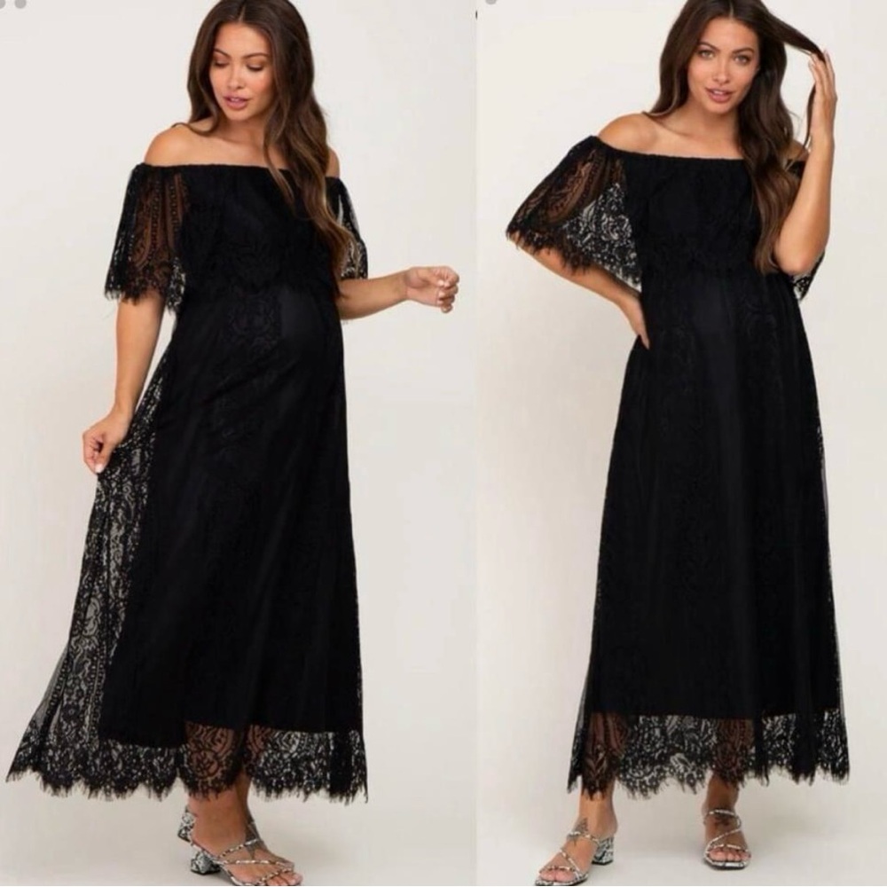 Black maternity BoHo lace dress. Post bump, friendly.